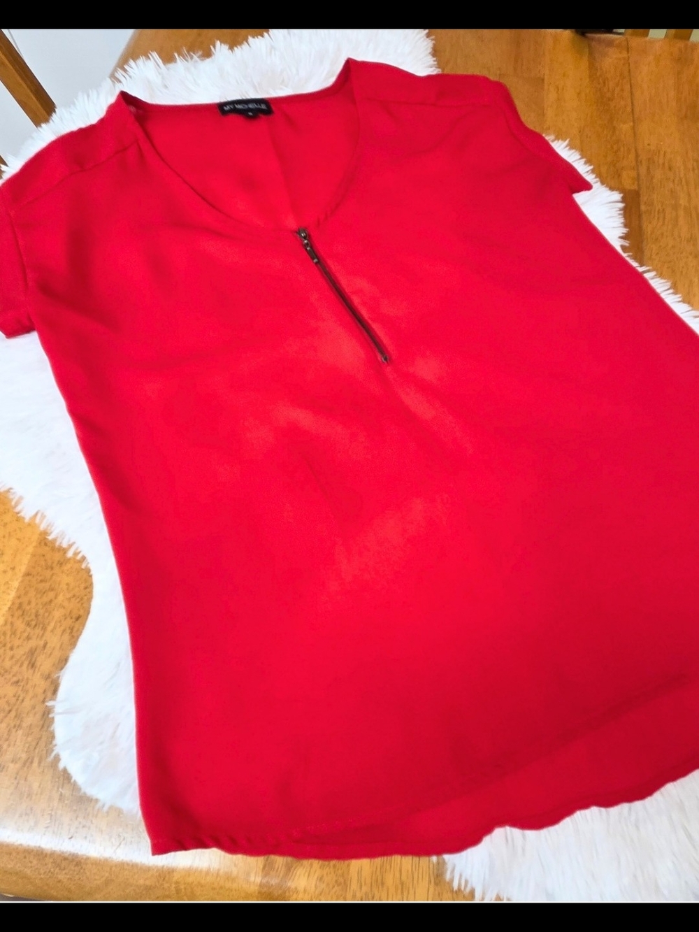 Red V-Neck Short Sleeve Top with Front Zip Accent